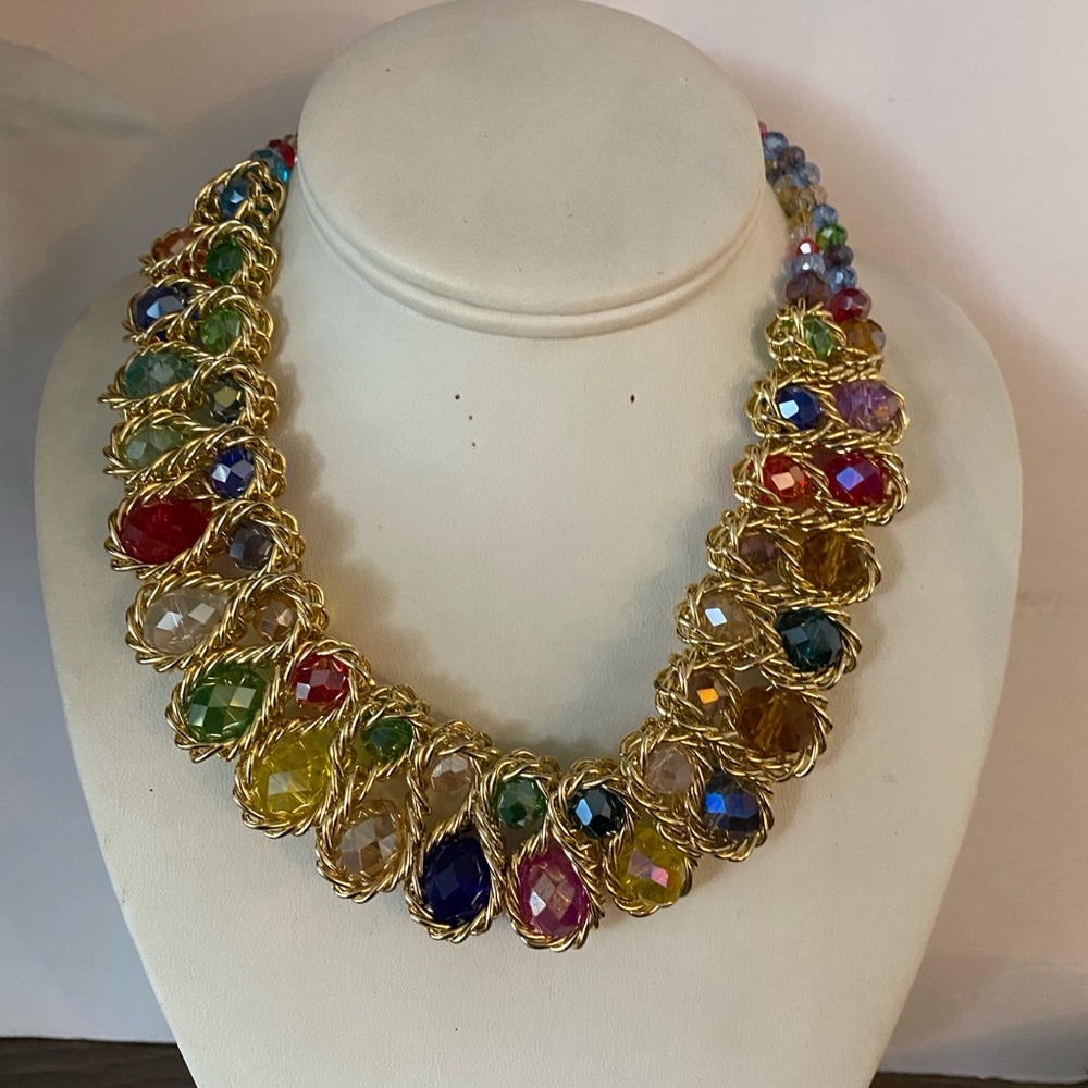 Multicolor Crystal Statement Necklace in Gold Tone